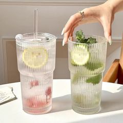 ドロップシッピング高品質ガラス縦縞大容量竹蓋とストロー付き夏の冷たいドリンクカップ