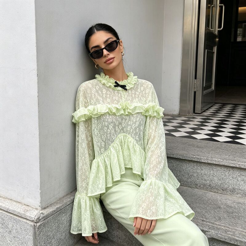 2026 Spring Mature Style Lace Ruffle Patchwork Printed Long Sleeve Women's Shirt French High-End Style Top 2026 Spring Mature Style Lace Ruffle Patchwork Printed Long Sleeve Women's Shirt French High-End Style Top