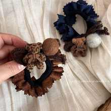 豹纹小熊毛球大肠发圈女高级感褶皱双层花边发绳头花盘发头绳发饰