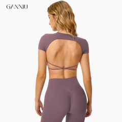 敢秀高強度緊身瑜伽短袖外穿休閒跑步運動上衣速干美背健身服8552