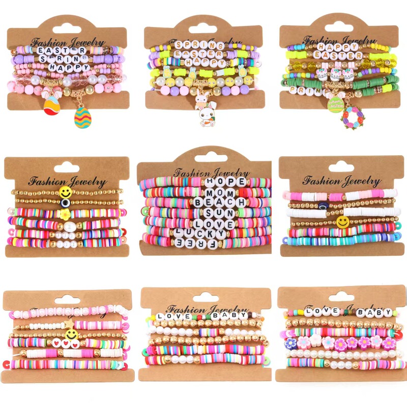 Amazon Hot Sale Summer Colored Clay Letters Smiley Beaded Bracelet Vintage Soft Pottery Stretch Bracelet Set