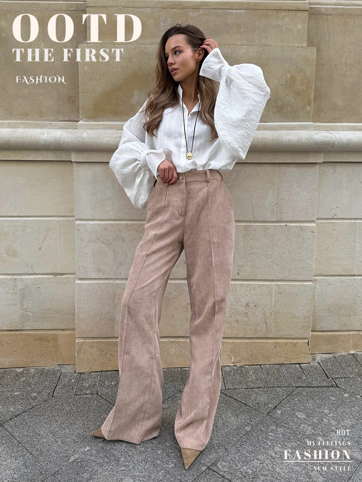 Quần ống rộng nữ cotton nhung kẻ sọc dáng suông lưng giữa phong cách retro — kaki nhạt, mơ chi tiết 1