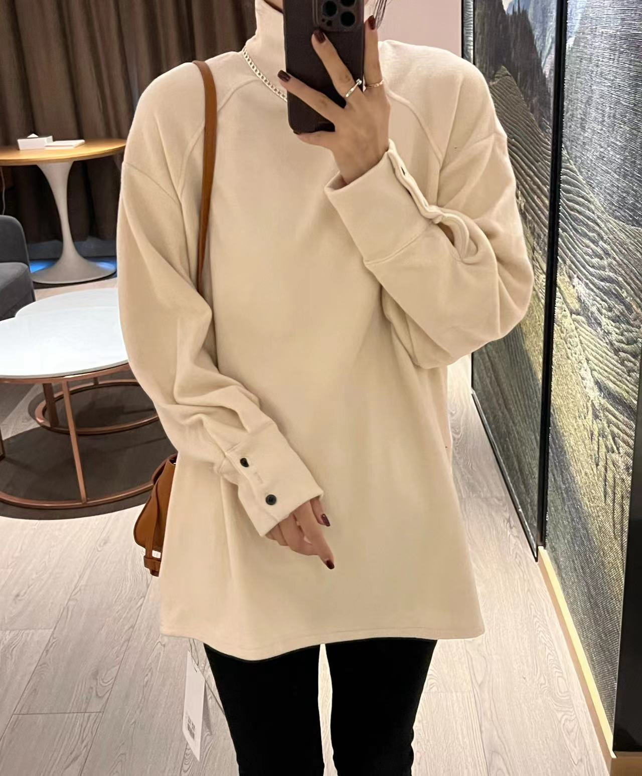 Women's Clothing New autumn and winter half high collar German velvet bottoming shirt for girls, loose thickened brushed long sleeved T shirt top_ipsvogv.com