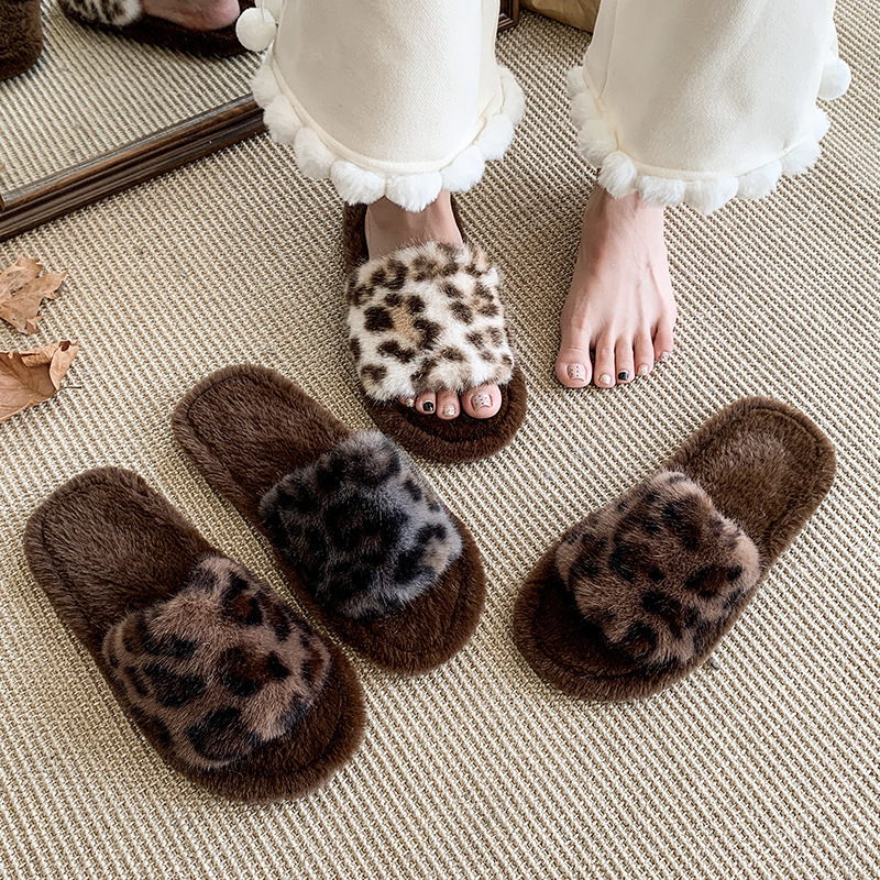 Cross-Border Amazon Leopard Print One-Line Fur Slippers Winter Breathable and Comfortable Home Girls Warm Plush Cotton Slippers