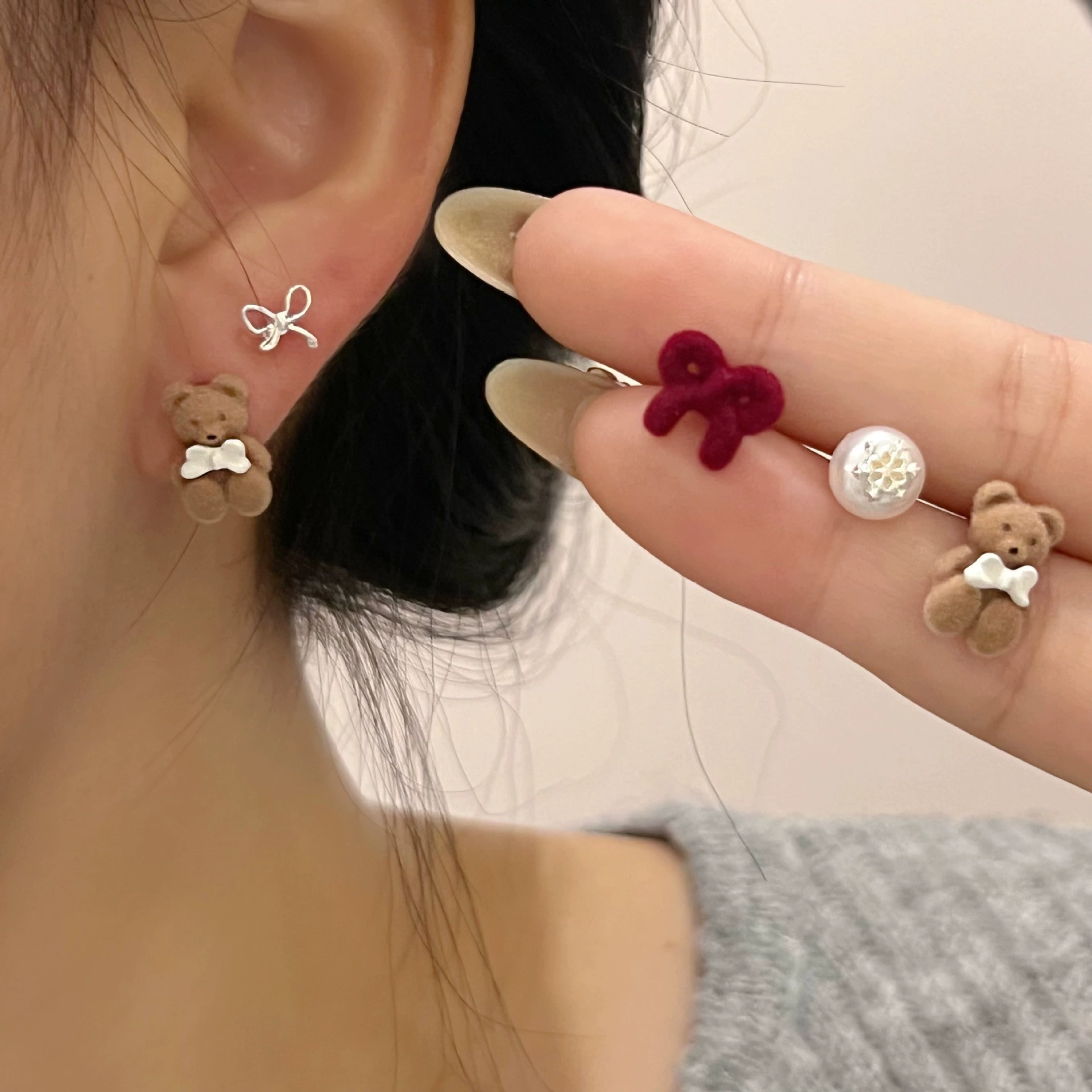 可爱耳环，珠 pearl 礼盒，蝴蝶结，花纹