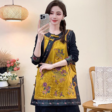 2025新款新中式提花缎面刺绣马甲女民族风复古圆领盘扣中长款外套