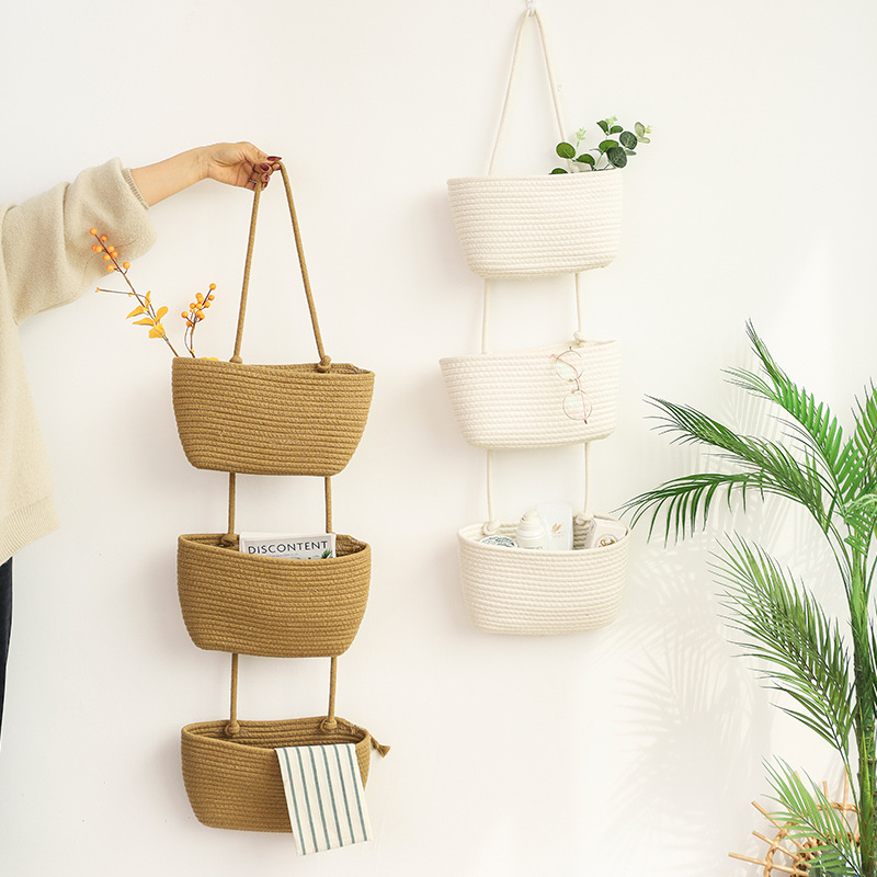 Wall-mounted hanging basket to store and organize debris, cotton thread hanging basket, decorative wall storage basket, three-layer household home hanging