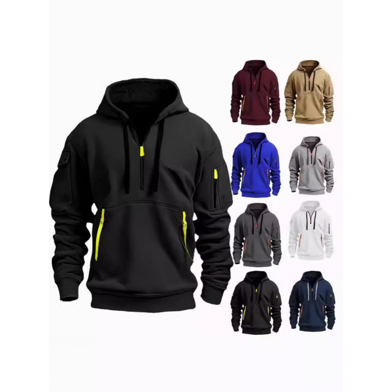 2025 New Cross-Border Autumn and Winter Men's Hooded Sweatshirt with Multiple Pockets and Arm Zipper Pullover Men's Sports Casual Wear