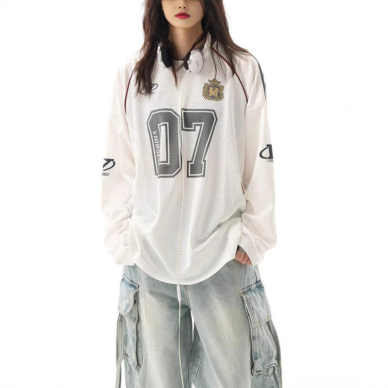 American Retro Niche Design V-Neck Loose and Versatile Long-Sleeved Jersey Style T-Shirt for Men European and American High-End Tops for Women