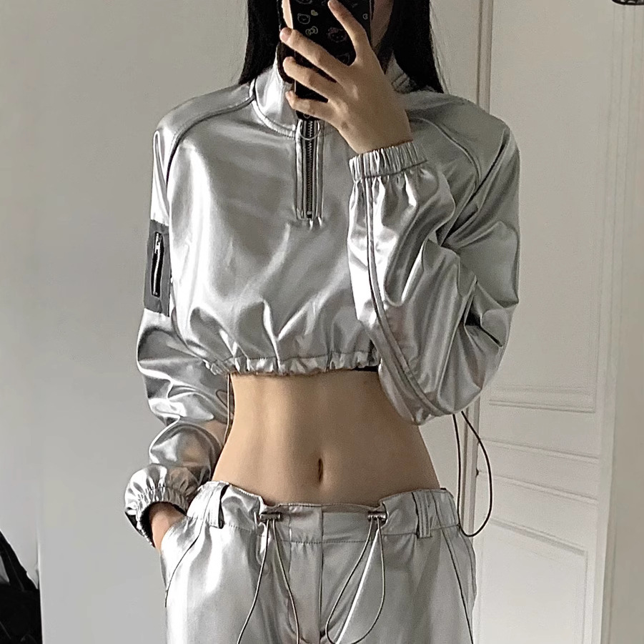 秋季银色反光炫酷嘻哈露腰短款卫衣女爵士舞上衣外套潮银光闪耀
