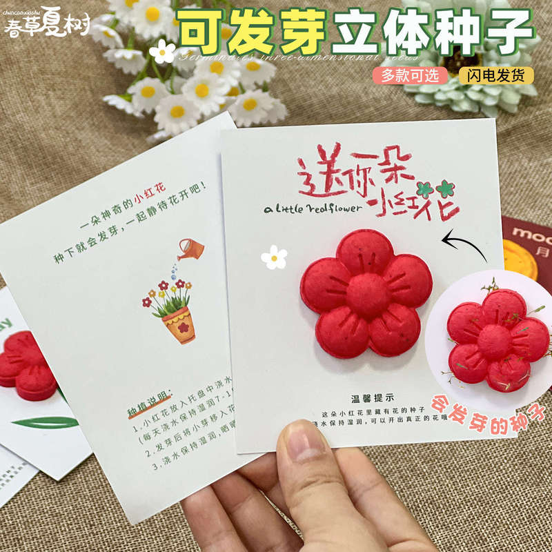 小さな赤い花を贈りましょう。子供たちが種まきや発芽をしたり、コンサートの記念品として使用したりできる立体的な環境に優しい種子紙です。|undefined