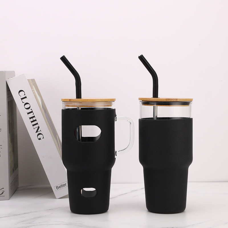 Paso-en 32oz taza de helado taza de paja de vidrio de comercio exterior cubierta de cuero taza de coche taza de café de gran capacidad taza de mango de coche