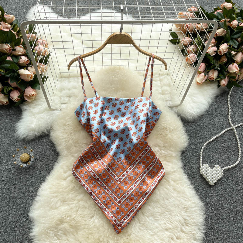 European and American Ins Tops for Women with Niche Design, Printed Bellyband, Backless, Knotted, Slim and Versatile Camisole