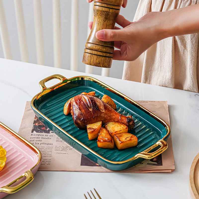 Nórdico INS de doble oreja placa plana rectangular hogar plato de cerámica plato de postre creativo Red rojo plato de pescado sushi plato largo