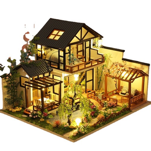 Retro Chinese style diy cabin Zhuxi Water Garden wooden hand-assembled national style courtyard villa model creative gift