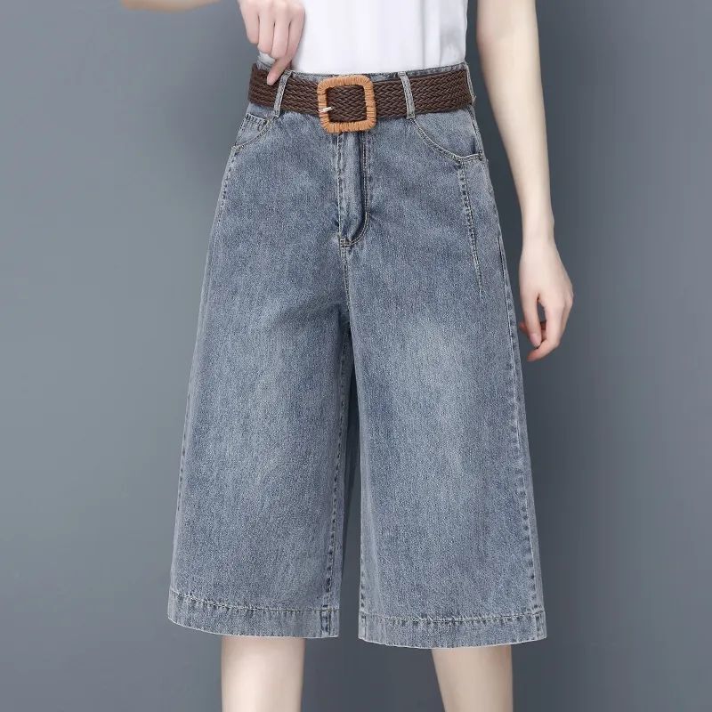 Women's Cropped Jeans Spring Summer Short High-Waisted Loose Straight Wide-Leg Pants Thin Trendy Mid-Length Pants
