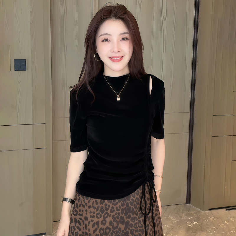 【240G Korean Velvet】Women's Velvet Top, Early Autumn New Style, Trendy and High-End Mid-Sleeve Base Shirt