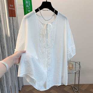 Real Shot of French-Style Petite Design with Stunning Lace Puff Sleeve Short-Sleeve Shirt, Loose Plus-Size Top for Women, Baby Doll Shirt