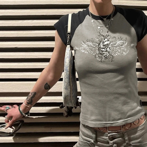 2024 Western and European Foreign Trade Y2K Style Hip-Hop American Retro Print T-Shirt Round Neck Short Sleeve Pattern Top