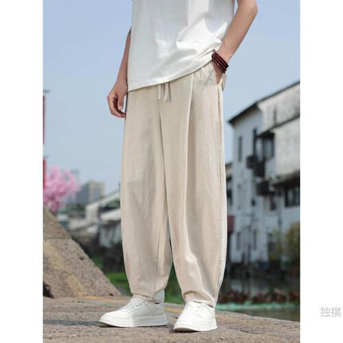 China style summer, new Chinese style youth men's wide-leg pants, cotton linen, loose large-size training lantern pants