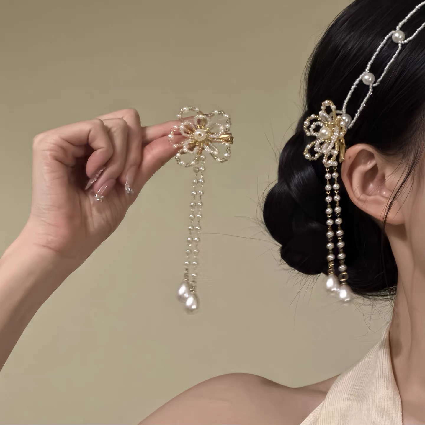 2026 New Model "Flower Grace" New Chinese Style Pearl Flower Tassel Hair Chain Ancient Style Hairpin Hanfu Hair Accessory
