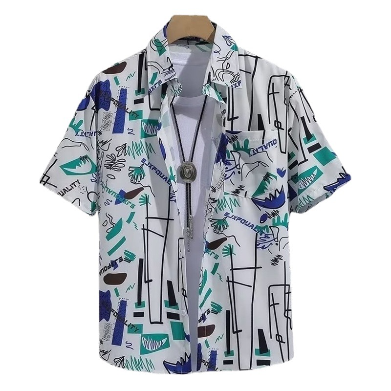 2023 nueva camisa de manga corta hombres de seda de hielo transpirable verano estilo coreano moda camisa impresa playa media manga camisa