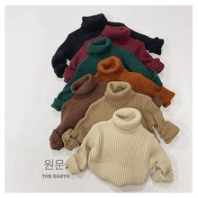 韩版男女儿童秋冬高领弹力坑条纹毛衣纯色宝宝修身针织打底衫保暖