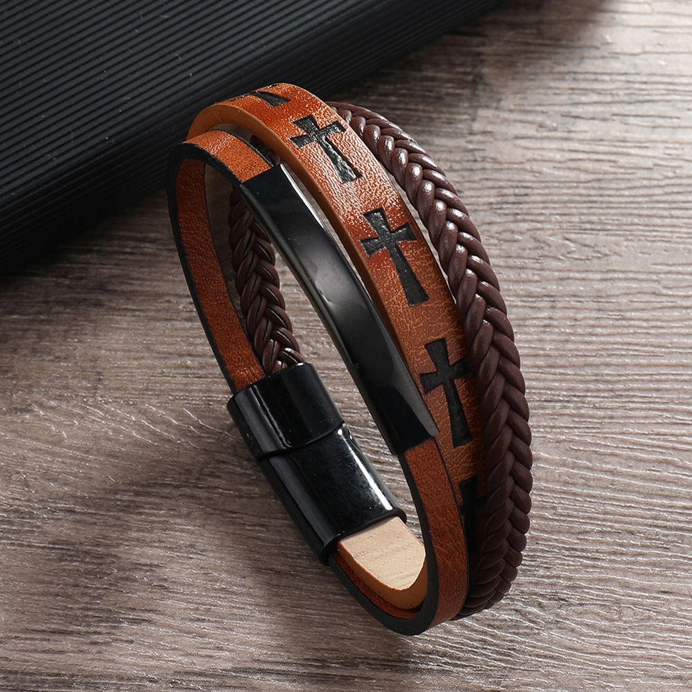 New Cross-Border Jewelry Printed Cross Men's Leather Woven Magnetic Clasp Bracelet European And American Versatile_voghion.com
