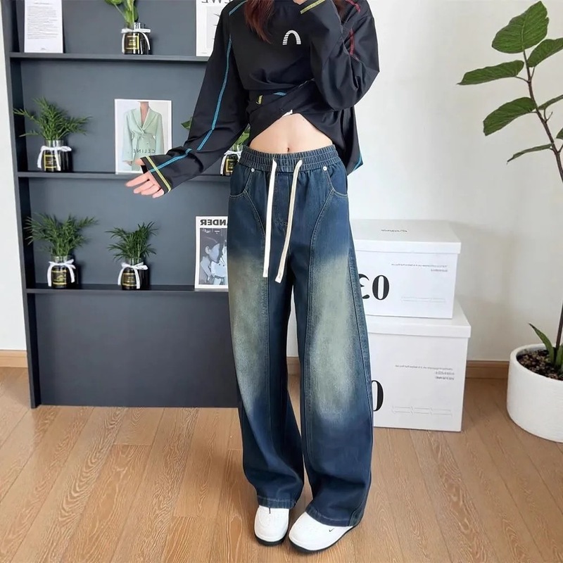 黑色设计感美式斜切明线牛仔裤秋季小众设计微喇裤子潮牌痞帅长裤|undefined