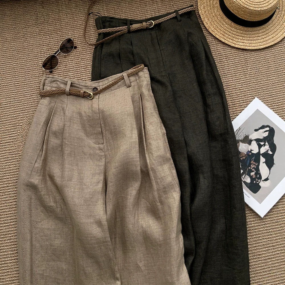 High Waisted Slimming Khaki Linen Wide Leg Pants For Women Trendy Relaxed Straight Leg Casual Trousers_ecoleips.com