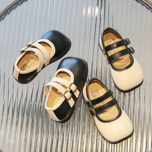  Girls' Small Leather Shoes Spring and Autumn New Girls' Shoes British Roman Style Square Toe Soft Sole Baby Girls