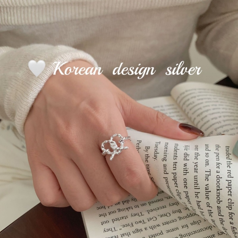 韓國S925純銀戒指女小眾設計高級感愛心麻花交食指環 ins風疊戴女