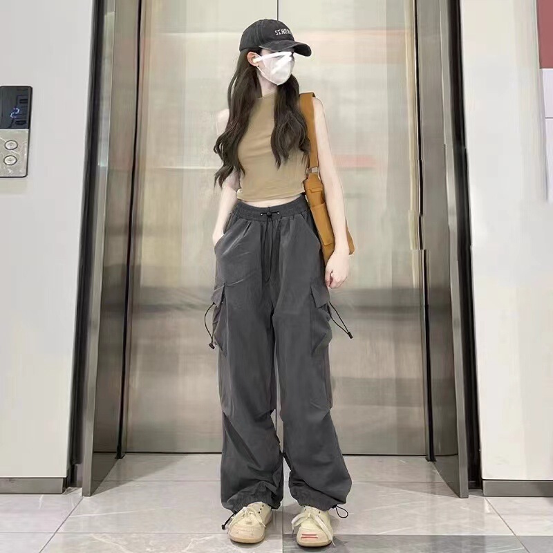 American-style High Street Paratrooper Cute Pants Women's Four Seasons High Waist Design Sense Loose Casual Straight Wide-leg Pants with Nine Legs