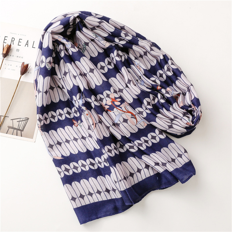 fashion blue oval lattice geometric satin cotton linen handmade shawl silk scarfpicture3