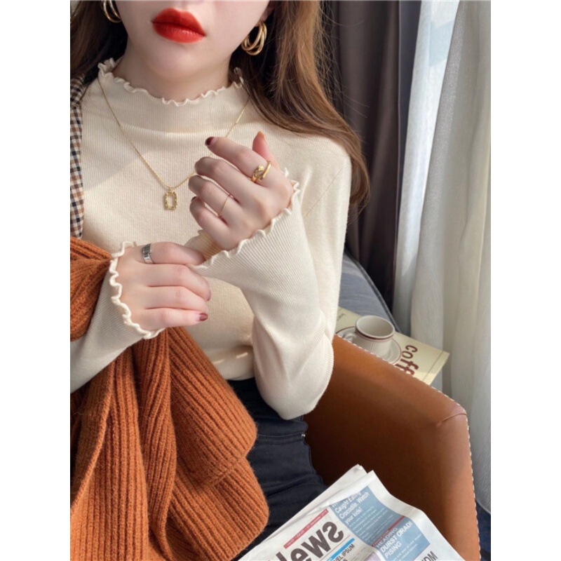 Half Turtleneck Slim Knitwear for Women in Autumn and Winter 2025 Fungus-Edged Bottoming Shirt with Slim Inner Right Shoulder Long-Sleeved Top