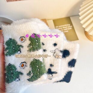 Autumn and Winter girl's faux mink velvet sleep socks women's mid-calf winter plush socks cute fleece-lined dinosaur thick cold-proof confinement socks