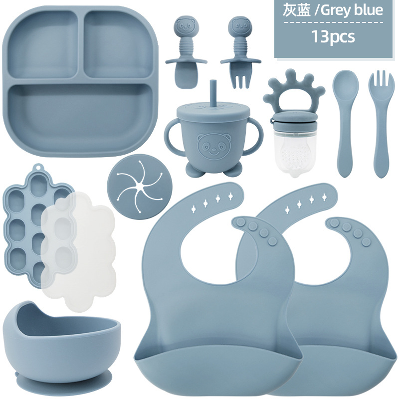 Juego de vajilla de silicona para niños transfronterizos Tazón de comida especial para bebés y niños pequeños Cuchara de silicona de grado alimenticio Juego completo de babero