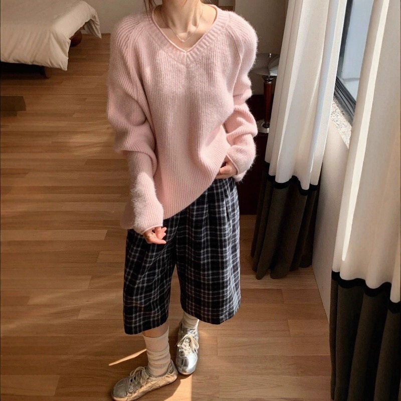 跨境新款纯色坑条V领套头毛衣女装秋冬百搭高级感遮肉显瘦针织衫|undefined
