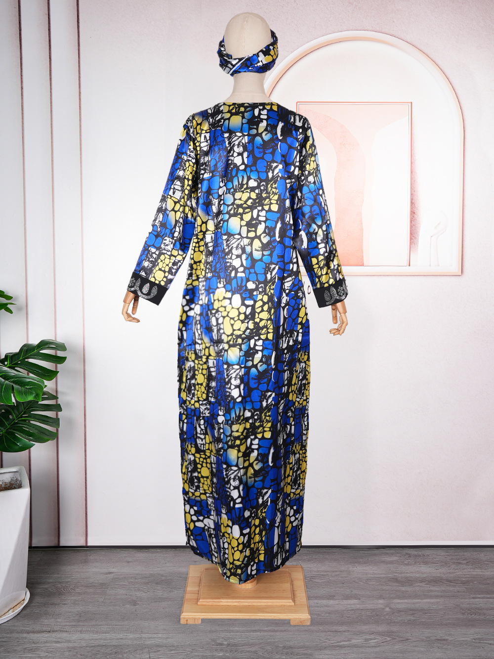 Middle East Bestseller Crystal Satin Printed Dress With Headscarf And Rhinestones, African Plus Size Women's_ecoleips.com