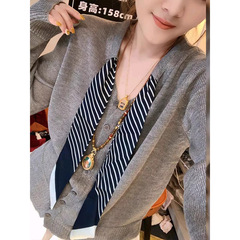 时尚V领领带设计感长袖针织衫女2025早秋新款单排扣显瘦开衫上衣