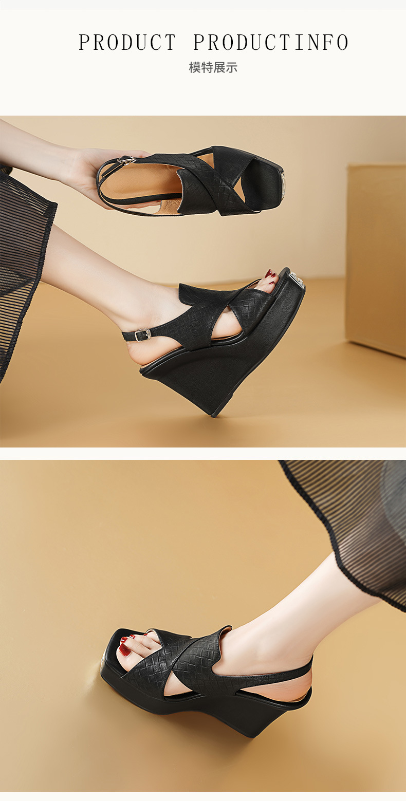Sandal cao gót nữ mũi hở đế xuồng phong cách La Mã — Màu đen chi tiết 3