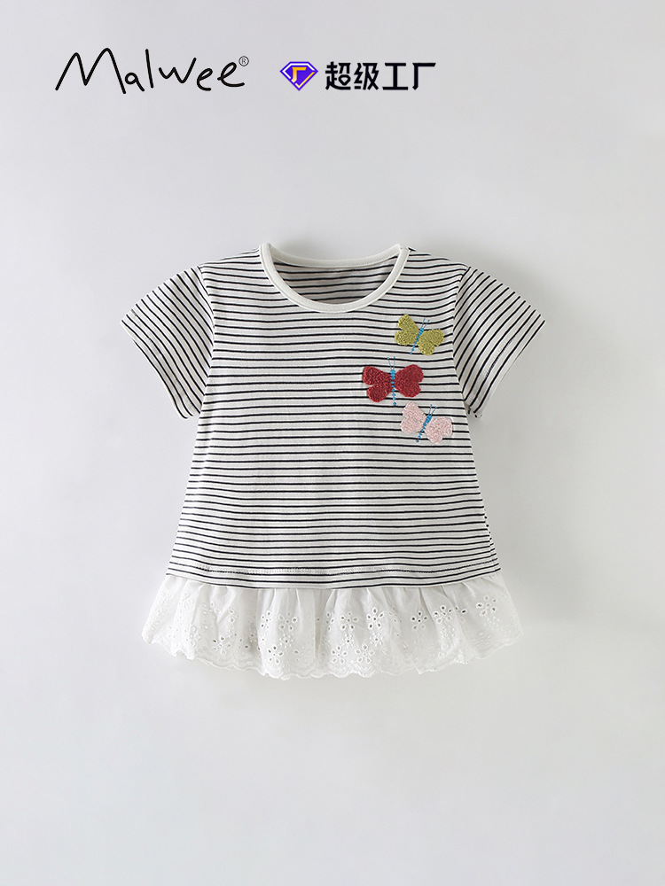 Transfronterizo malwee camiseta de chicas rayadas verano nuevo lindo cuello redondo de manga corta ropa infantil europea y americana