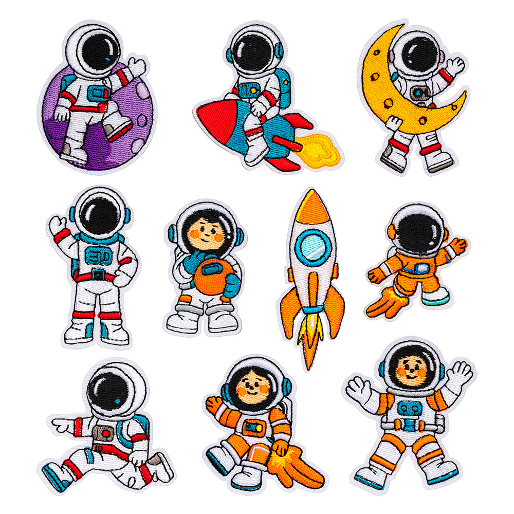 原创外贸跨境电脑绣花章太空星球宇航员刺绣布贴背胶服装补丁贴布