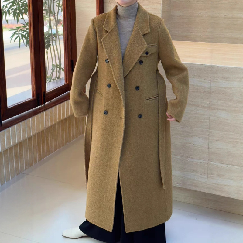 High-End Double-Sided Wool Outwear for Women 2025 Autumn and Winter New Style Lace-Up Extended Korean Style Woolen Outwear for Women