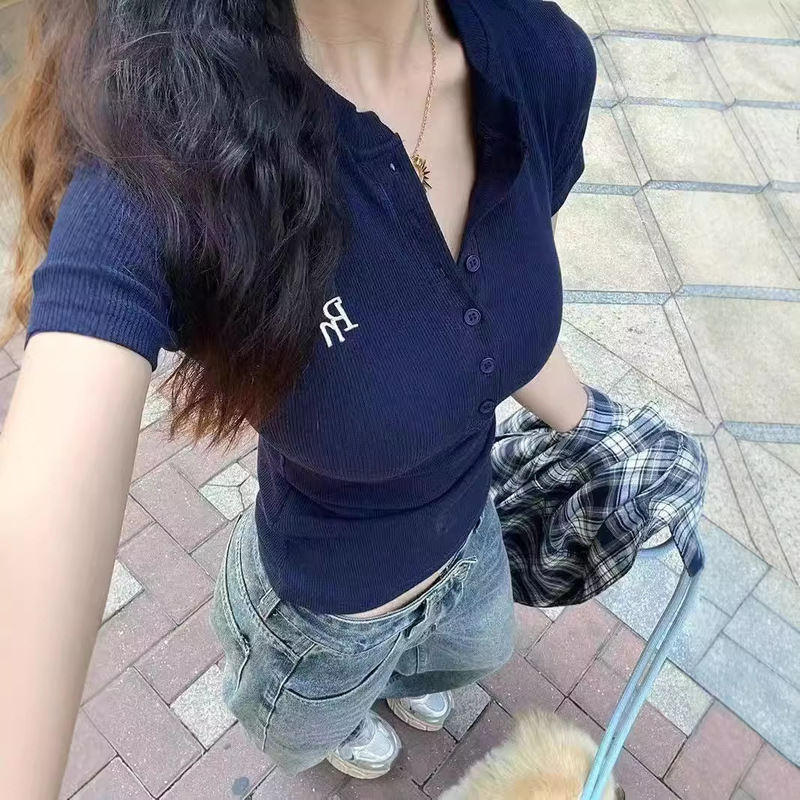 Cross-border wholesale retro navy blue short sleeve T-shirt slim slim high sense socialite temperament casual Joker top