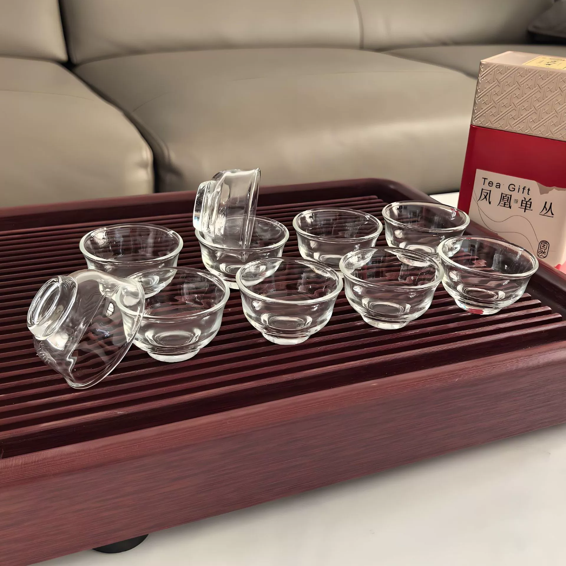 Glass Tea Cup Set, Chinese Style, 10×35 ml Travel/Home Tea Cups, Clear Double-Wall Glass