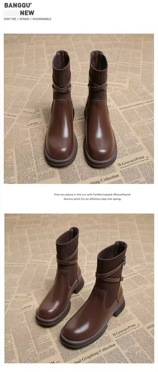 Retro Women's Ankle Boots With Thick Sole And Heel Brown_voghion.com