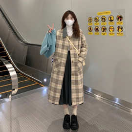 休闲风格纹翻领长袖毛呢大衣女2025秋冬新款宽松显瘦气质毛呢外套