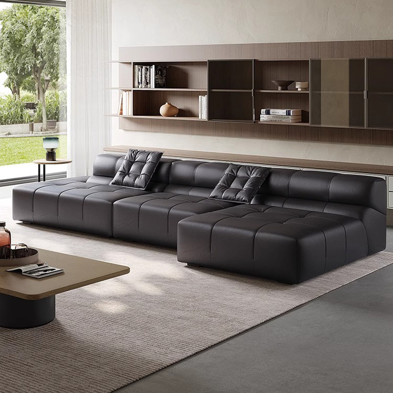 Sofá de cuero italiano minimalista, esquina de la sala de estar, sofá VIP sin reposabrazos, sofá negro