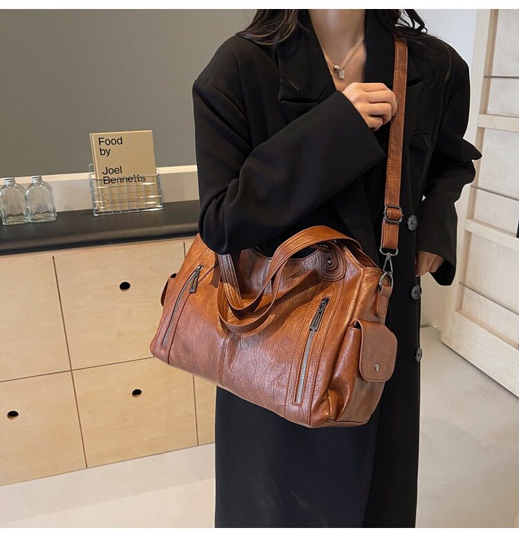 Túi tote nữ dung tích lớn đeo chéo đeo vai phong cách retro, chất liệu PU mềm — Màu cà phê, Màu nâu, Màu đen chi tiết 18